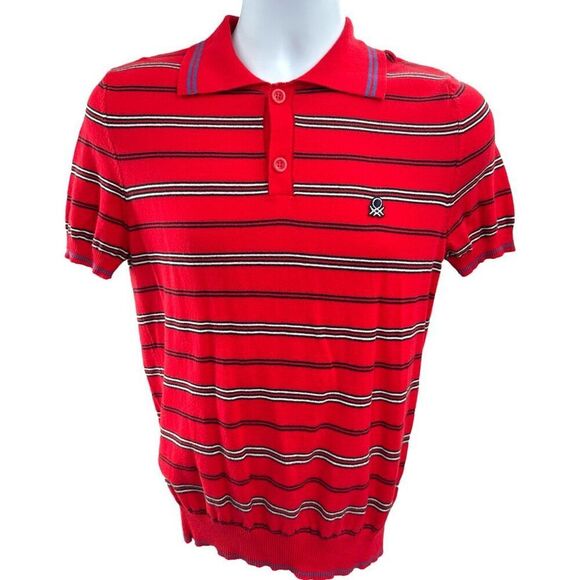 Benetton Red Striped Polo Shirt Men’s Small Italy Knit Retro Y2K Preppy - Picture 1 of 8
